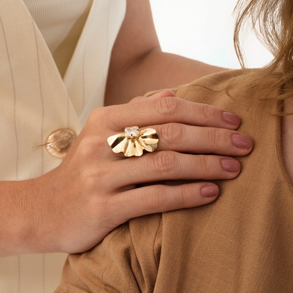 ANEL MEIA FOLHA ORGANICA AMASSADA 3,3 CM COM PEDRA DE ESTAMP 14 16 18 20 22 CONSULTE TAMANHOS DISPONIVEIS