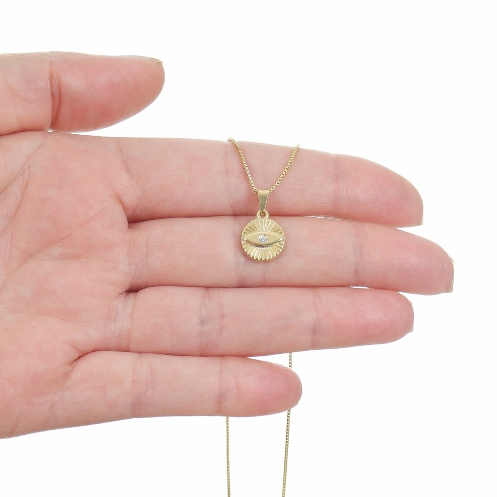 PINGENTE OLHO GREGO MOEDA COM RAIOS 1 CM COM ZIRC AZUL OU CRISTAL 2 MM BX