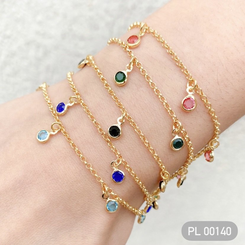 PULSEIRA ELO PORTUGUES 5 ZIRCONIAS OU COLOR VIDRO 4 MM 17 CM + 7 CM EXT