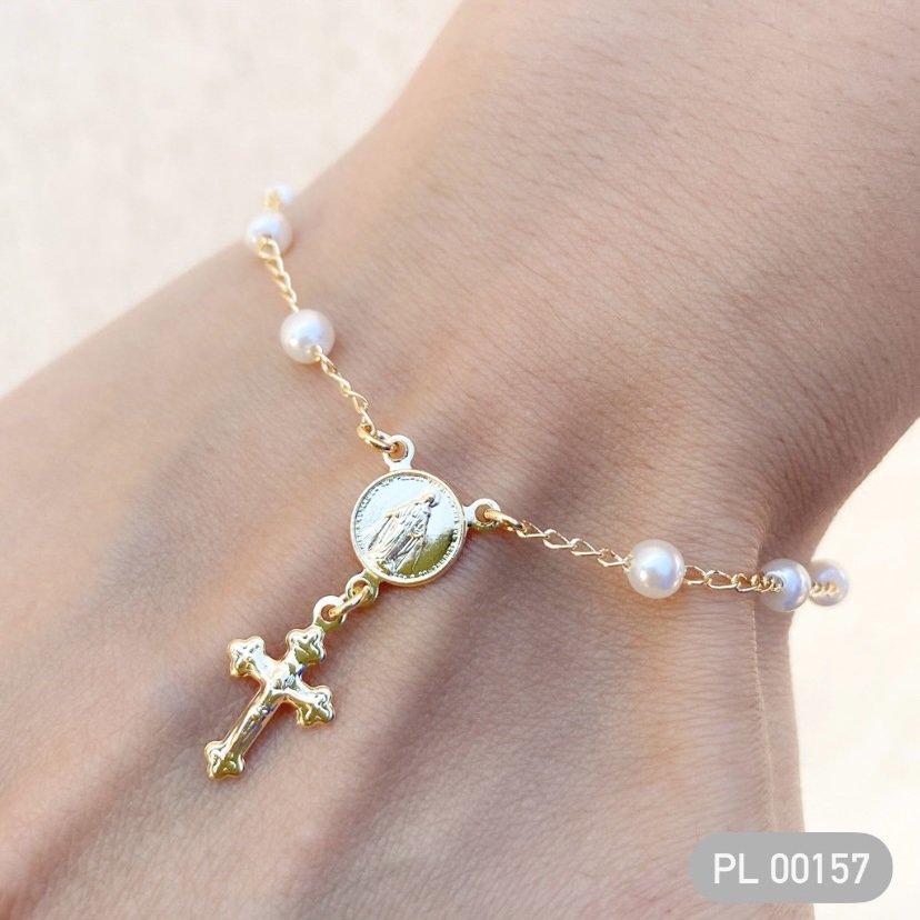 PULSEIRA TERCO 10 PEROLAS 4 MM + NS CARMO + CRUZ ESTAMPARIA 17 CM