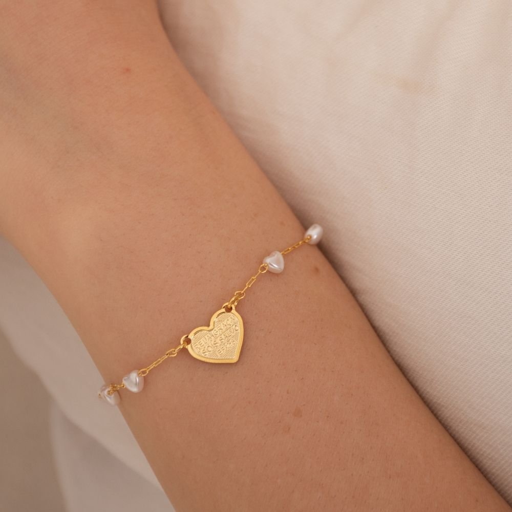 PULSEIRA CORRENTE PEROLA CORACAO + N.S. CARMO ESTAMP 15 CM + 5 CM EXTENS